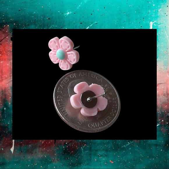 Flower Stud Earrings - Pink and Blue - Picture 3 of 6